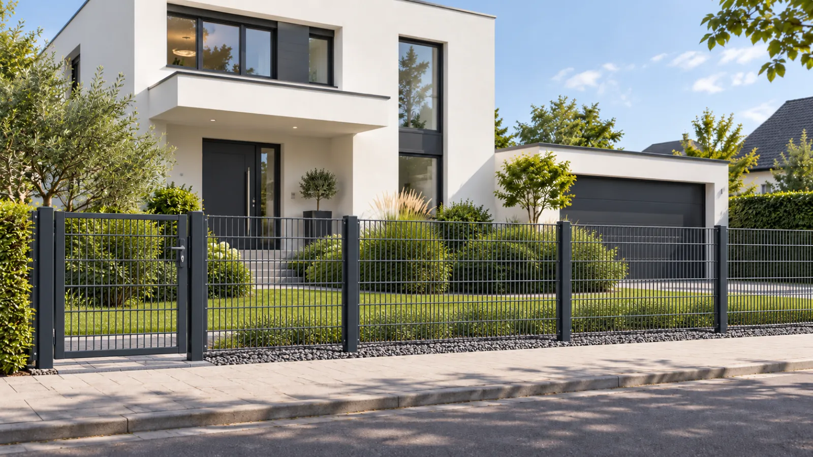 Doppelstabmattenzaun vor demselben Einfamilienhaus