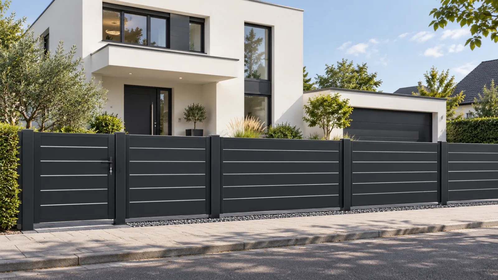 Moderner Zaun mit horizontalen Profilen vor einem weißen Einfamilienhaus